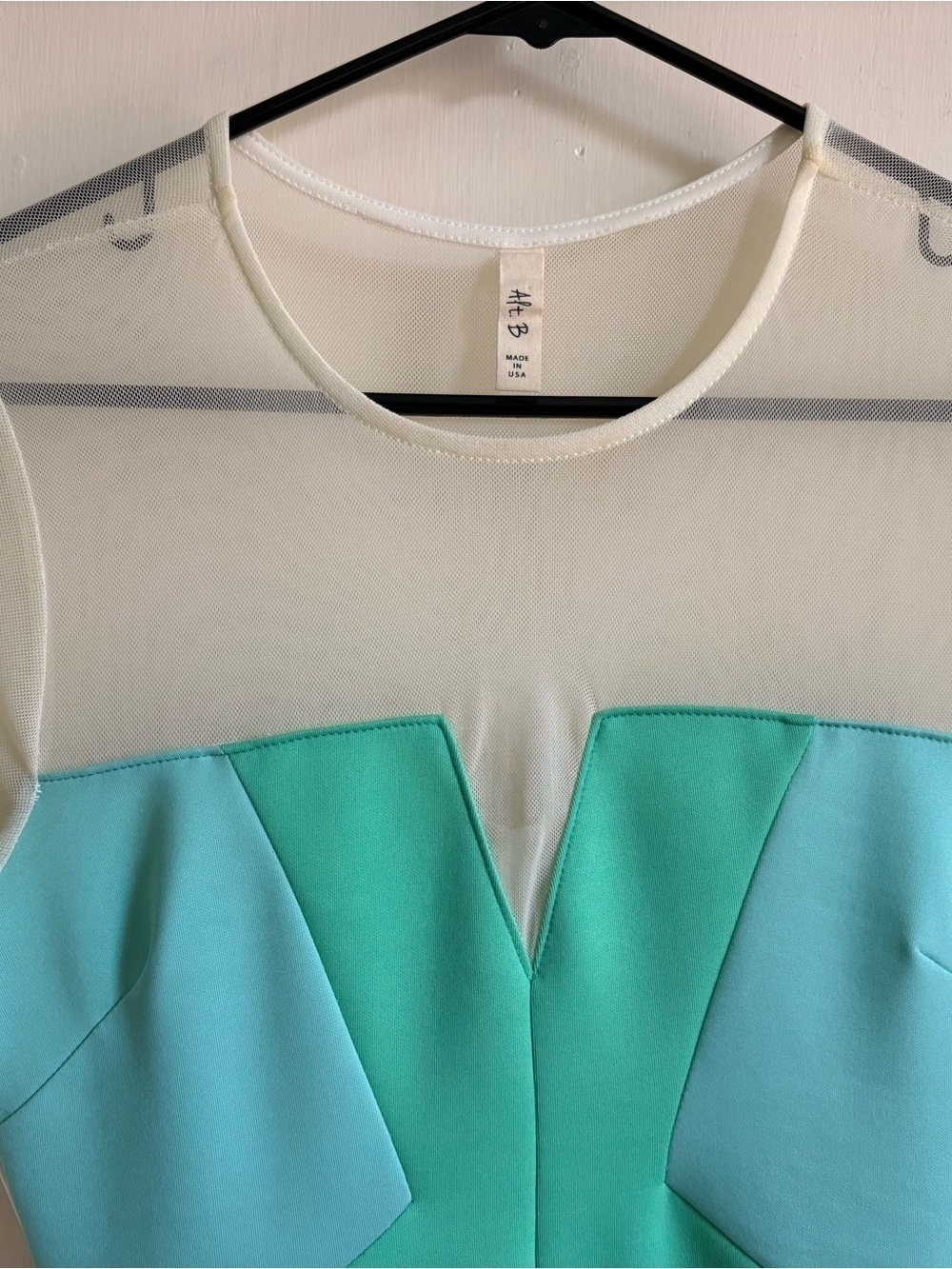 Cream Teal Mint Long Sleeve Mesh Panel Bodycon Dress - Picture 4 of 8